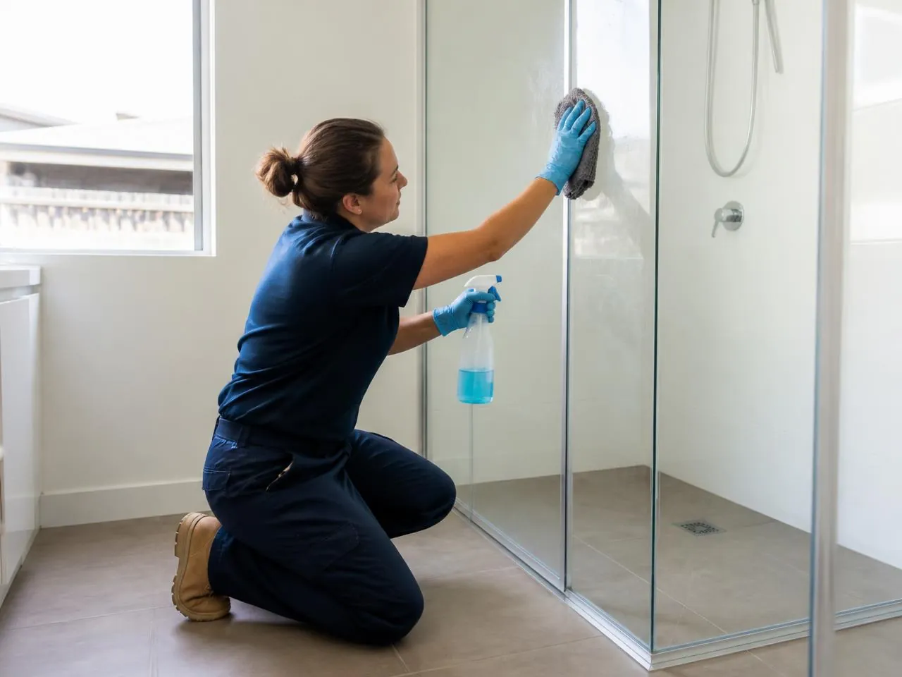 Cleaner scrubbing a glass shower screen during an end of lease clean