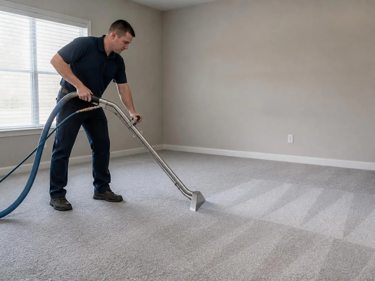 Technician steam cleaning carpet with a hot water extraction wand in an empty living room