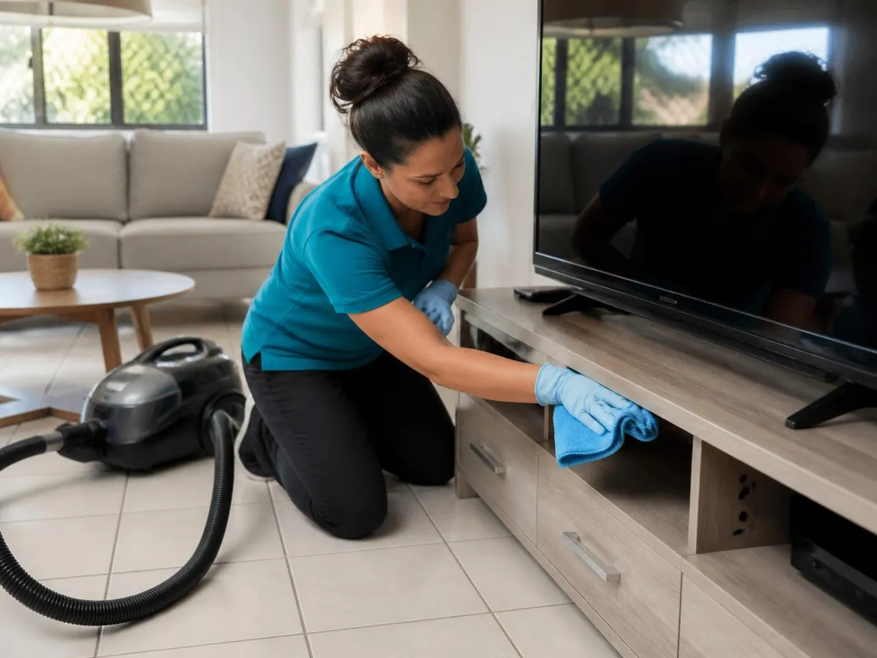 Cleaner wiping down a living room entertainment unit during a house clean