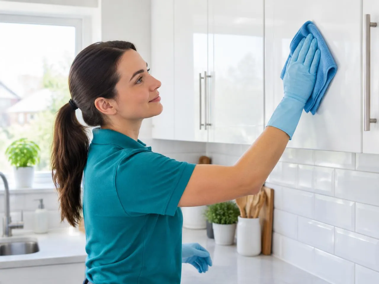 Cleaner in gloves wiping kitchen cupboards and benchtops in an empty rental home