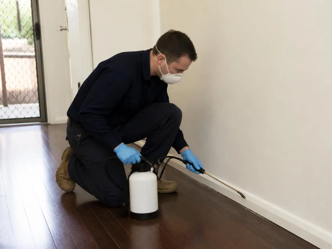Pest technician treating along interior skirting boards of an empty home